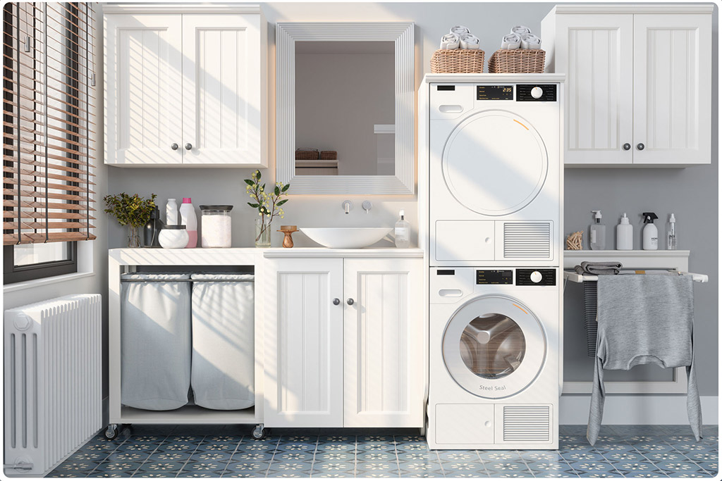Laundry room with lots of light, the furniture is white. All the things that are required to wash clothes are arranged so that the room looks clean.